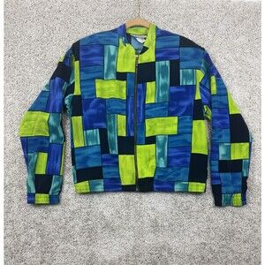 Vintage Kensington Square Womens XL Geometric Bomber Jacket Blue Green Made USA